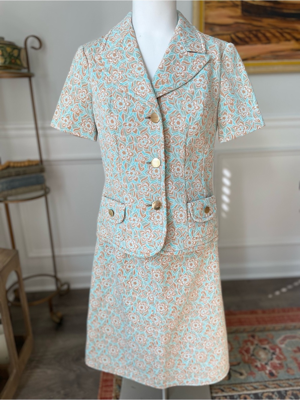 1960s Diolen Loft Cream & Light Blue Floral Short Sleeve Jacket & Skirt Set
